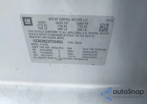 2015 Chevrolet Silverado 1500 1Lt из США, поврежденный, VIN 1GCRCREC3FZ304823